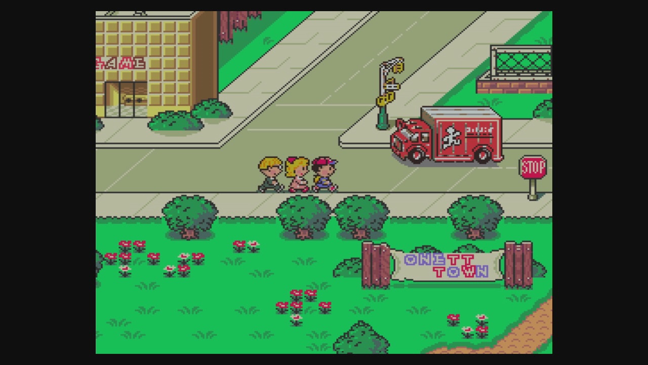 Earthbound gameplay - three characters walking alongside a road