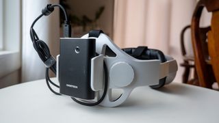 A Quest 2 third-party head strap that lets you use external battery banks