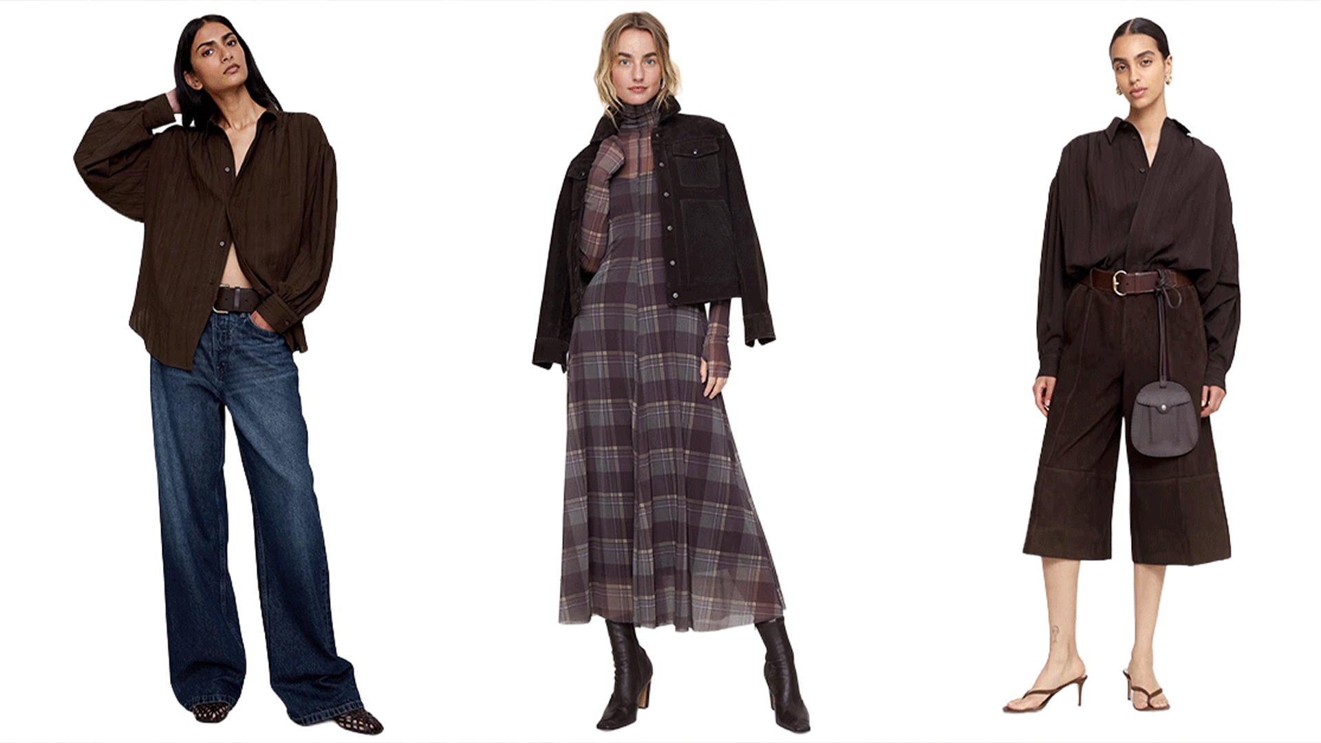 One woman wears brown tunic and jeans. Another wears plaid dress, boots, and jacket. The last model wears culottes, brown button down, and thong heels.