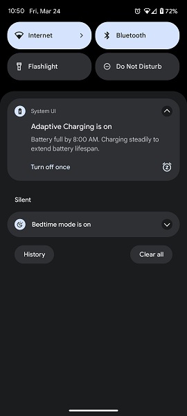 A user's screenshot of the new Adaptive Charging notification on their Pixel.