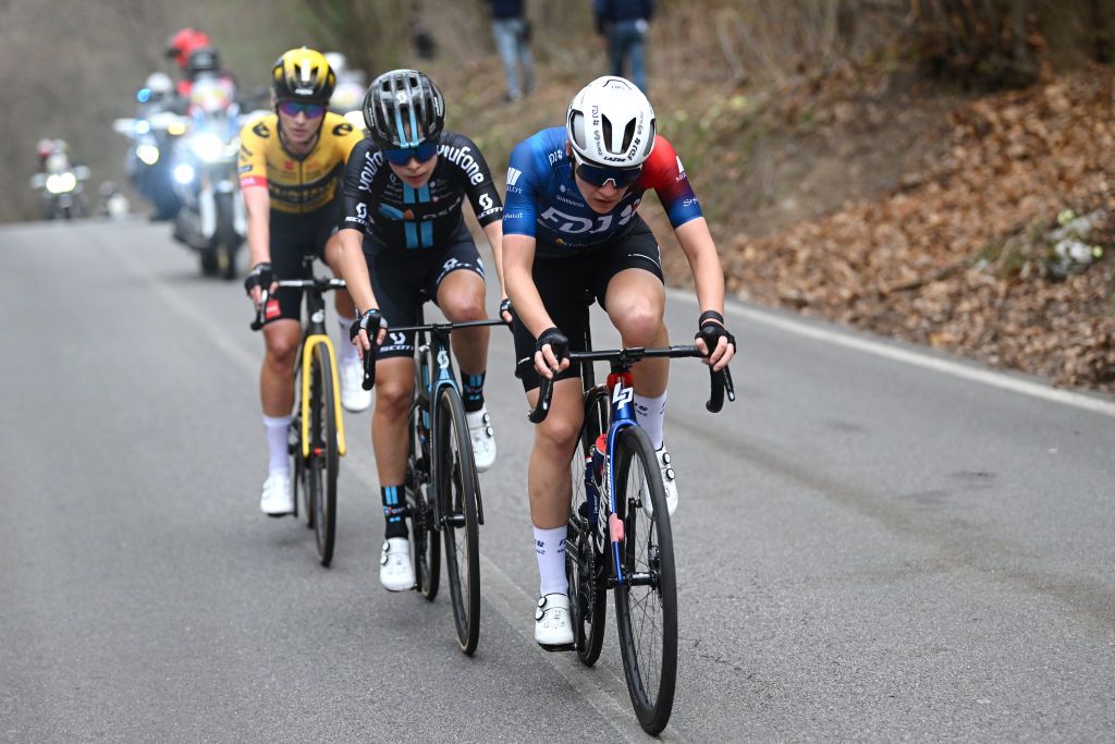 CITTIGLIO ITALY MARCH 19 Loes Adegeest of The Netherlands and Team FDJ SUEZ leads the breakaway during the 24th Trofeo Alfredo BindaComune di Cittiglio 2023 Womens Elite a 139km one day race from Maccagno con Pino e Veddasca to Cittiglio UCIWWT on March 19 2023 in Cittiglio Italy Photo by Dario BelingheriGetty Images