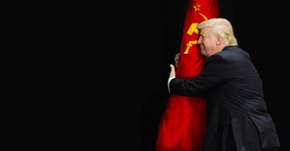 President Trump hugging hammer and sickle flag.