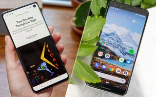 A Samsung Galaxy S10 smartphone and a Google Pixel 3 smartphone side-by-side.