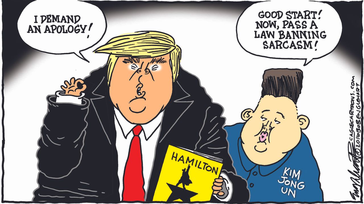 Political cartoon U.S. Donald Trump Hamiliton apology Kim jong un