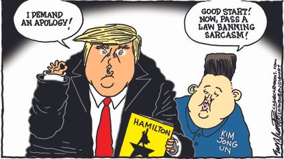 Political cartoon U.S. Donald Trump Hamiliton apology Kim jong un