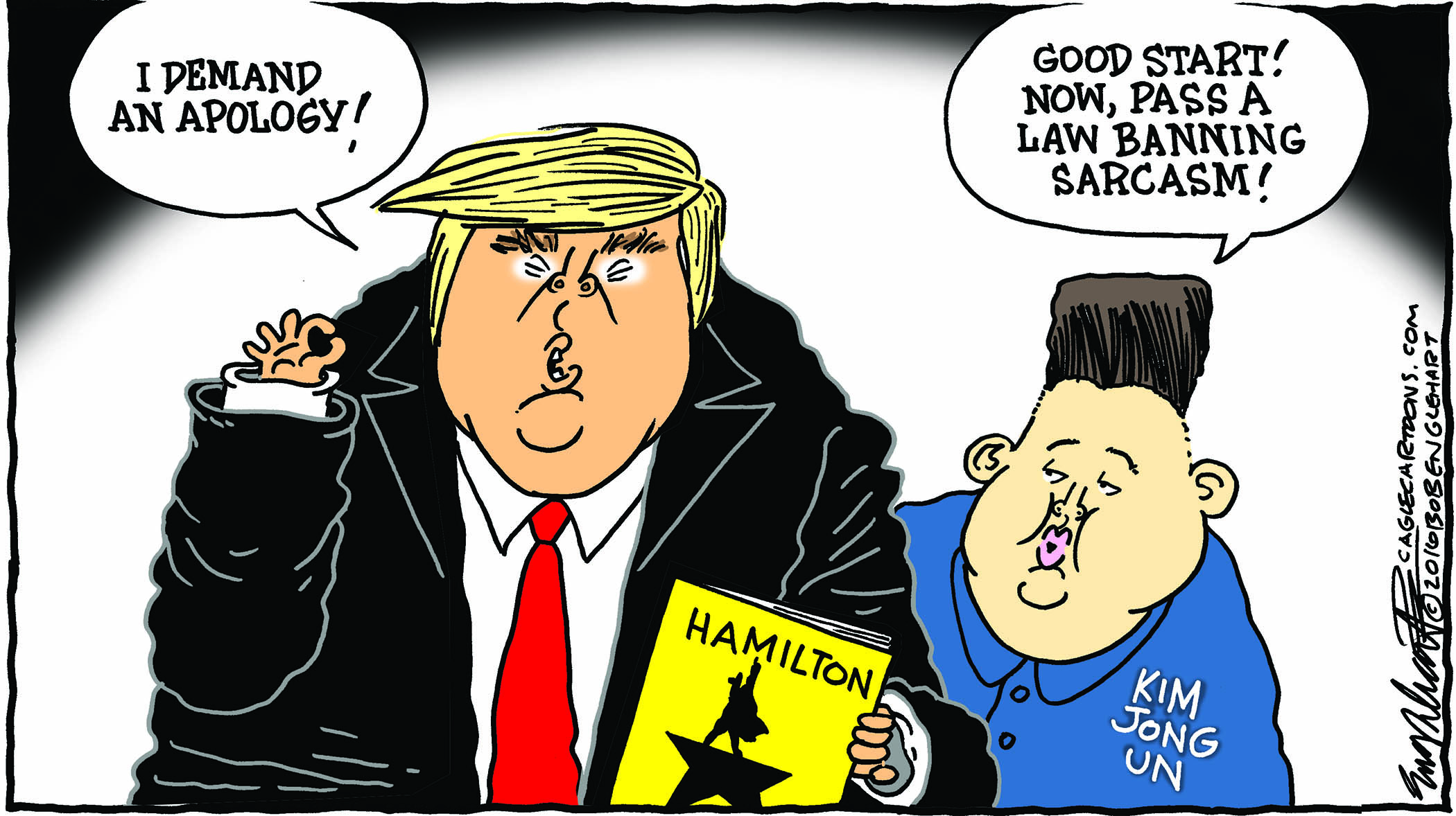 Political cartoon U.S. Donald Trump Hamiliton apology Kim jong un