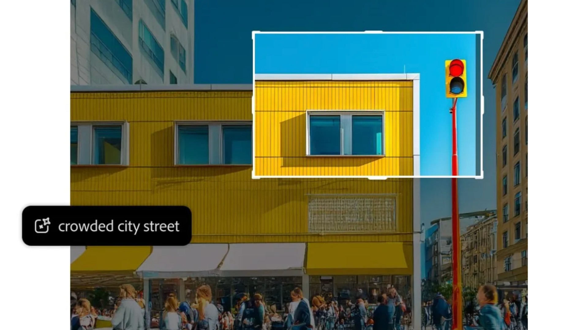 A screenshot of an image editing interface shows a city scene with a yellow building in the foreground and taller buildings behind it, under a clear blue sky. A white outlined box highlights the upper right portion of the image, showing a traffic light with a red light illuminated. Below the image, a text box with a black background reads "crowded city street."