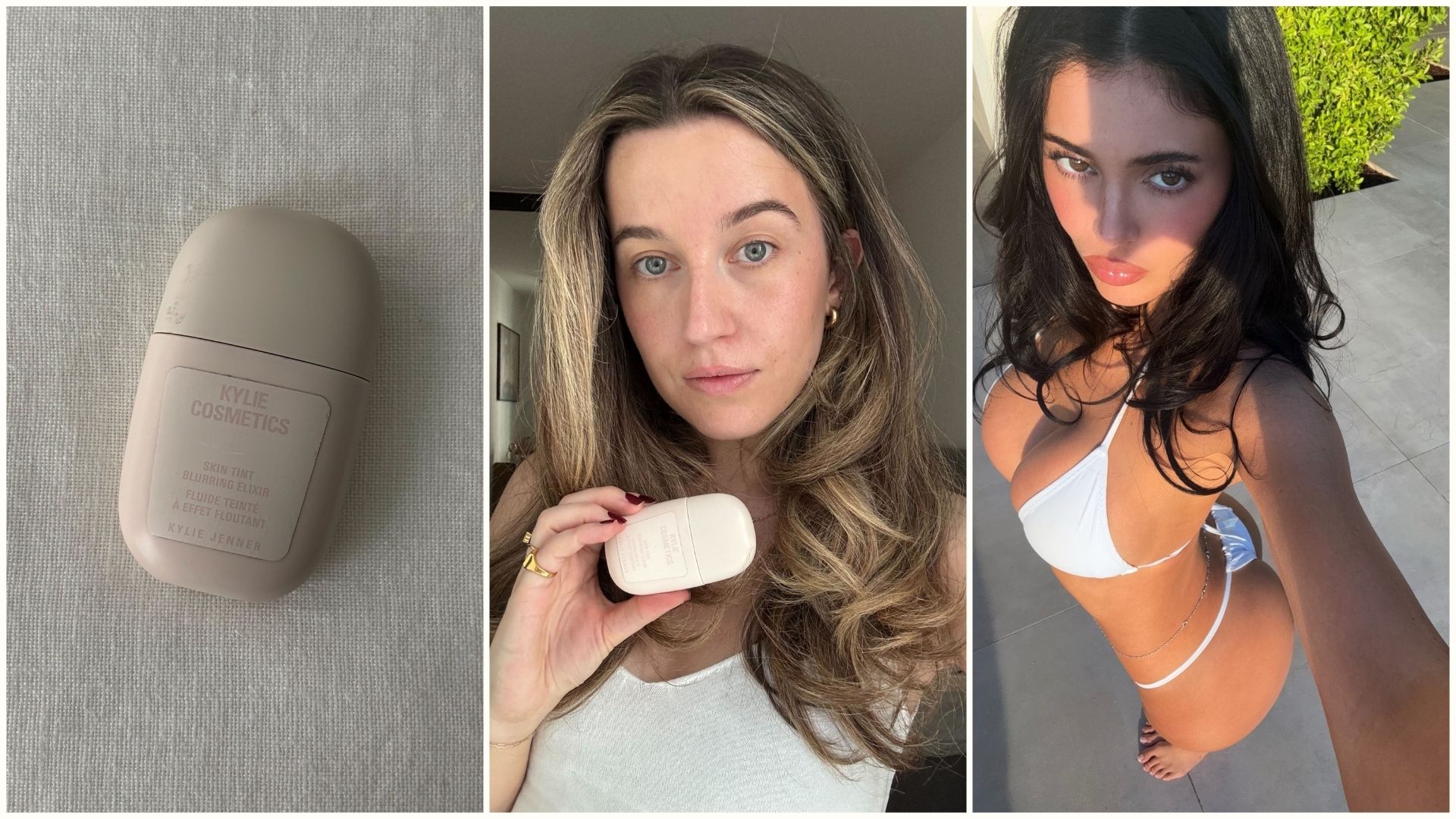 A collage of Deputy Beauty Editor Grace Lindsay testing the Kylie Cosmetics Skin Tint and Kylie Jenner taking a selfie
