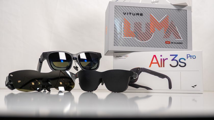 Viture Luma Pro, Viture Pro, and RayNeo Air 3s Pro smart display glasses stacked next to their boxes
