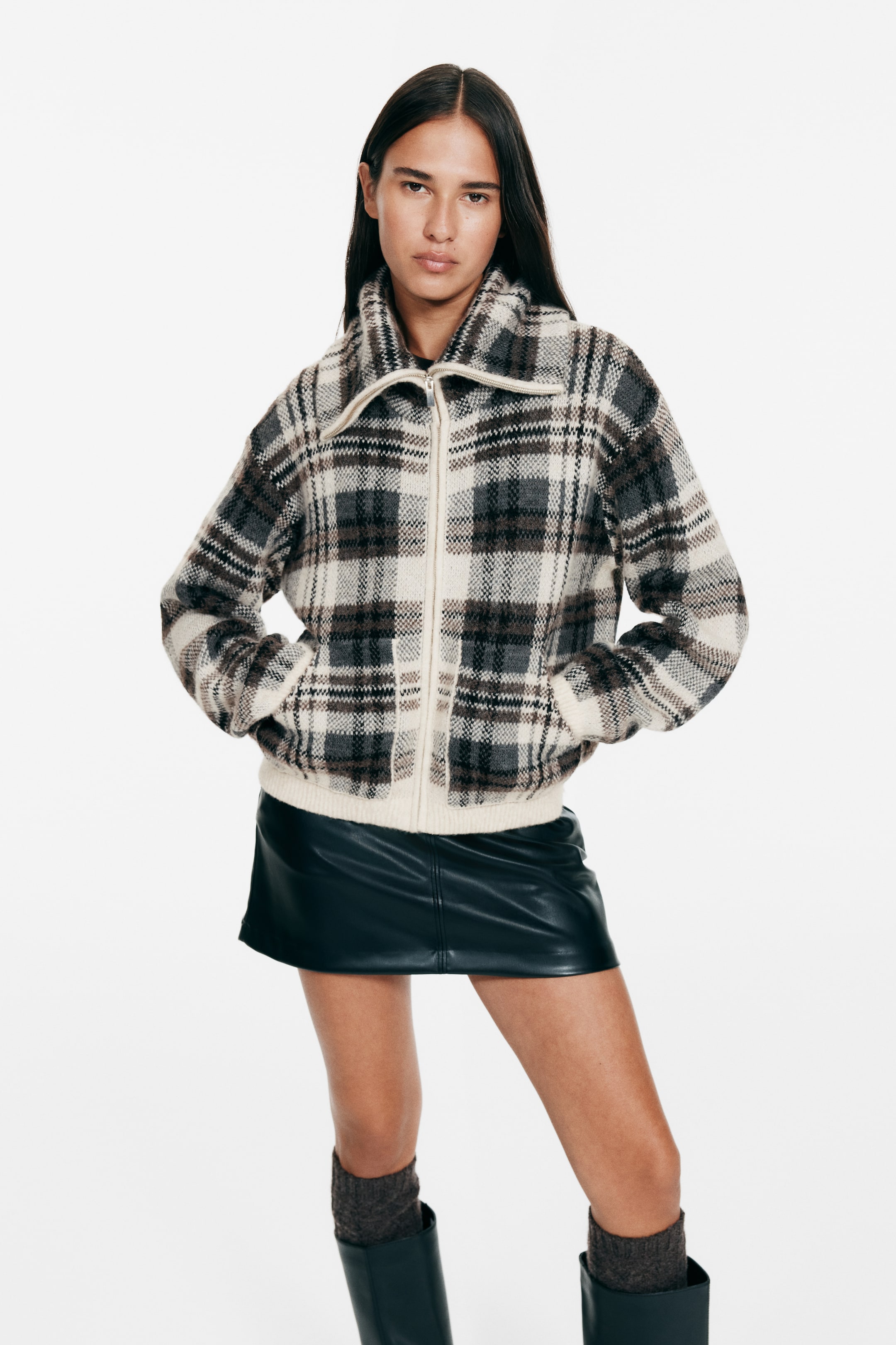 Jacquard-Knit Jacket - Light Beige/checked