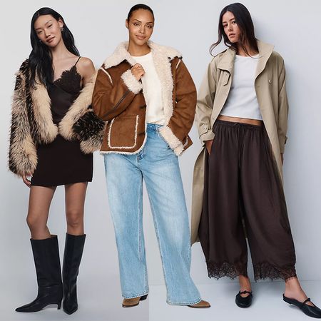 Models wear anthropologie. One wears mini dress, faux fur jacket, and boots. Another wears jeans and faux sherpa suede jacket. The last model wears trench coat and lace trim pants with flats. 