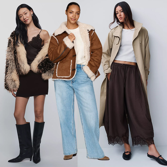Models wear anthropologie. One wears mini dress, faux fur jacket, and boots. Another wears jeans and faux sherpa suede jacket. The last model wears trench coat and lace trim pants with flats. 