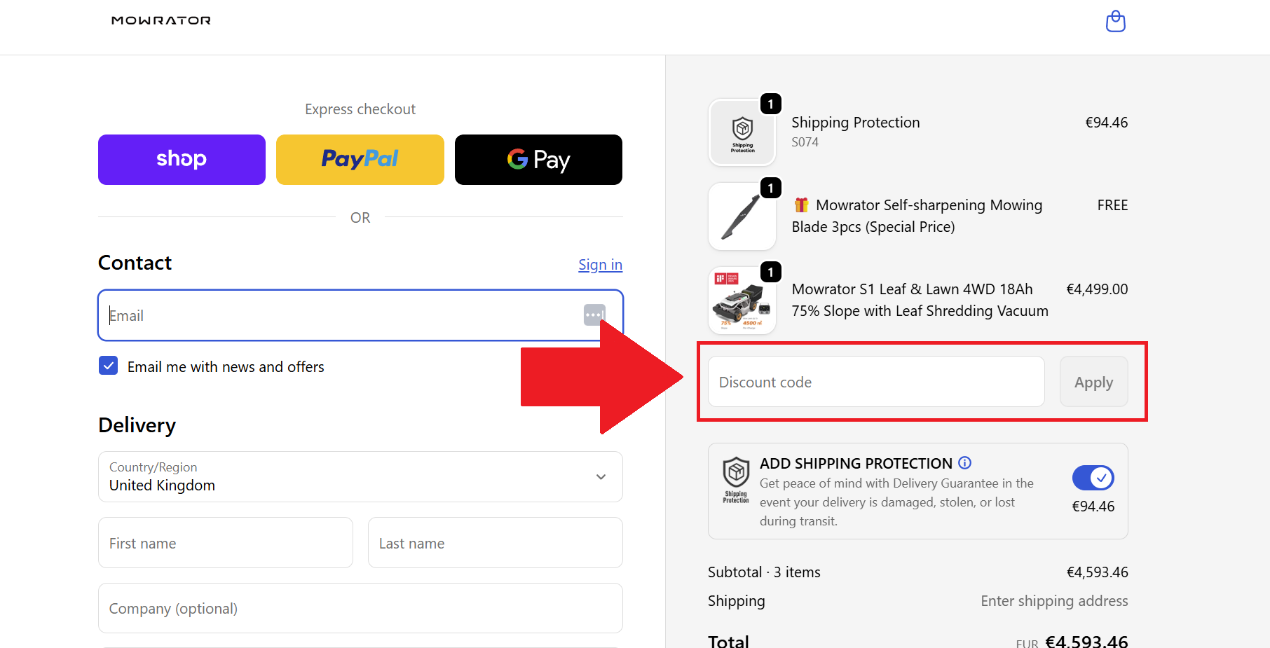 A screenshot of the mowrator checkout page showing where to enter your mowrator promo code