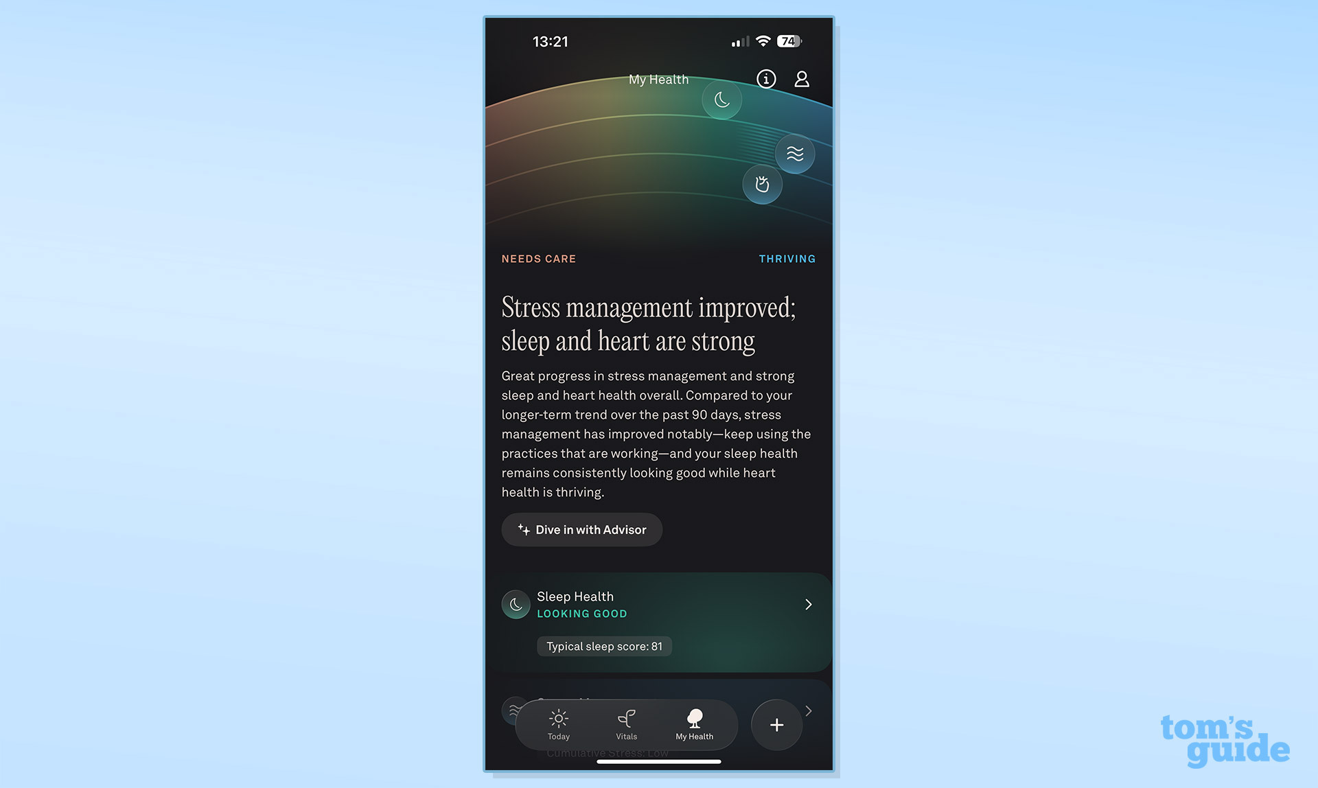 Stress management overview feature on Oura app against blue background