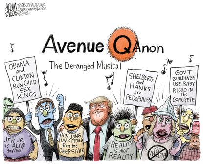 Political cartoon U.S. QAnon Avenue Q conspiracies Obama Clinton JFK Jr. Kim Jong Un Spielberg Hanks