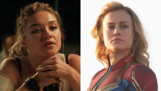 From left to right: Florence Pugh in Black Widdow and Brie Larson in Captain Marvel