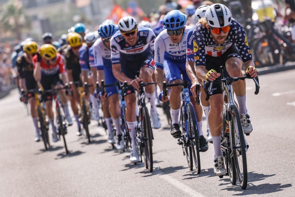Lidl Treks US rider Quinn Simmons cycles ahead of the pack of riders during the 3rd stage of the 110th edition of the Tour de France cycling race 1935 km between AmorebietaEtxano in Northern Spain and Bayonne in southwestern France on July 3 2023 Photo by Thomas SAMSON AFP Photo by THOMAS SAMSONAFP via Getty Images