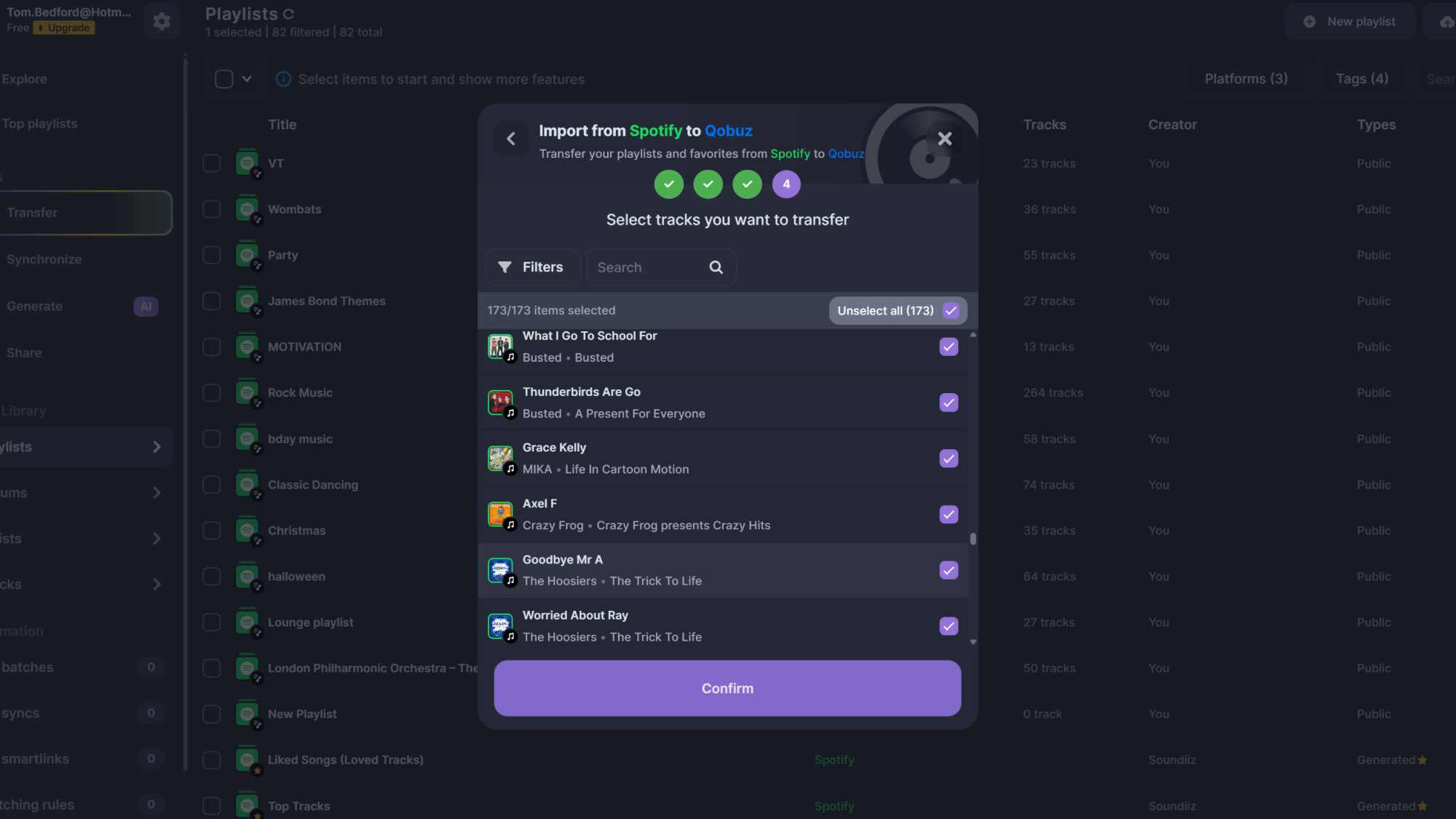 A menu on Soundiiz, converting a Spotify playlist to a Qobuz playlist.