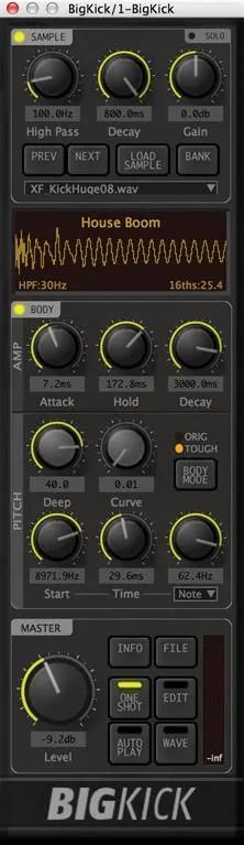 Fig. 6. The BigKick plug-in provides a shortcut to this feature’s two-layer kick drum creation, with one layer handling the attack and the other layer focused on the deep, round low-end of the kick. 