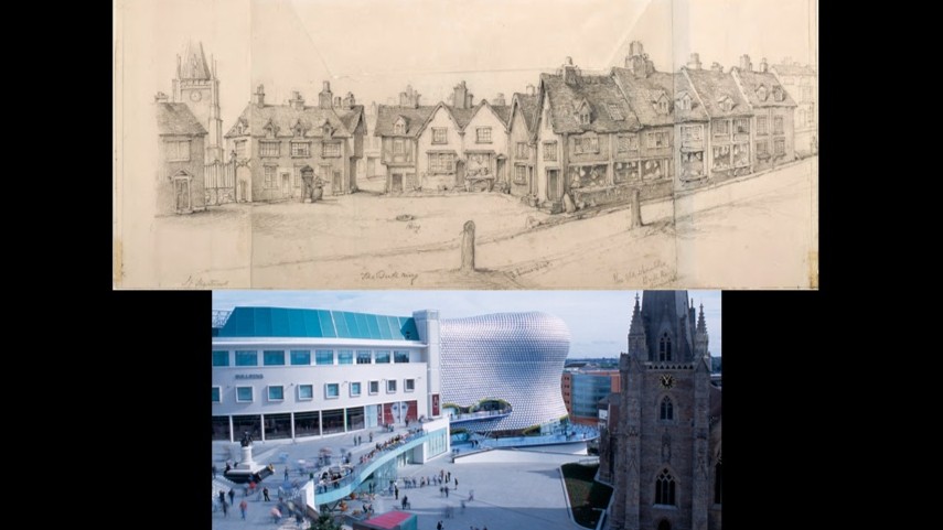 Sketch of medieval Birmingham Bull Ring vs Modern Day