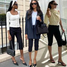 A collage of women wearing capri pant outfits.