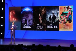 HBO chairman and CEO Casey Bloys on stage at the Warner Bros. Discovery upfront. 