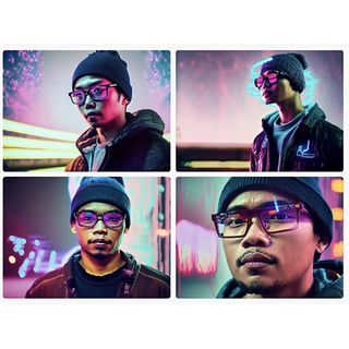 Selections of AI-generated images of Asian man in hat and glasses