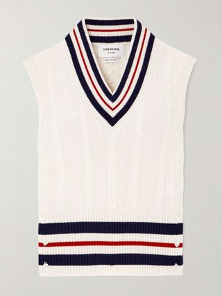 Button-Detailed Striped Cable-Knit Cashmere Vest