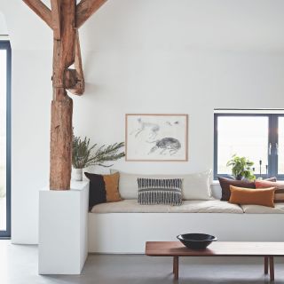 seating area with white wall and wooden beam and painting and cushions