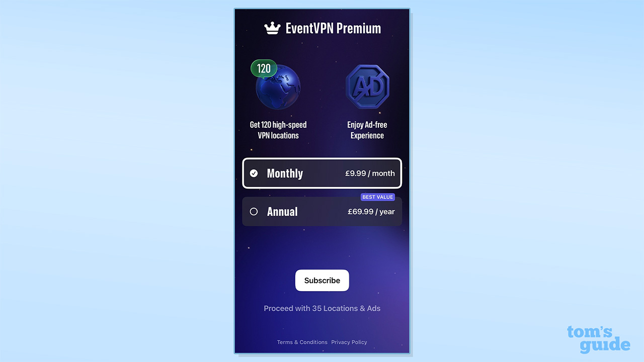 Screenshot of the monthly and yearly EventVPN prices