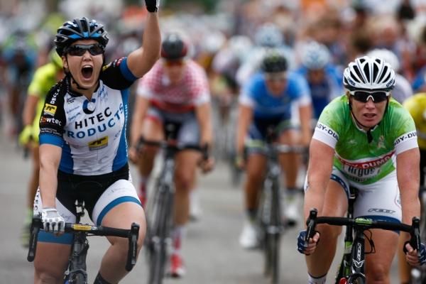 Chloe Hosking (Hitec Products UCK) celebrates as she crosses the finish line on Stage 5 of the Holland Ladies Tour
