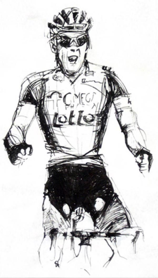 Philippe Gilbert (Omega Pharma-Lotto) crosses the line solo at Amstel Gold Race.