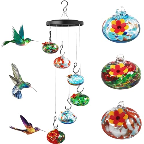 Charming Wind Chimes Hummingbird Feeder for Outdoors Hanging Ant and Bee Proof, Never Leak,unique Hand Blown Glass Humming Bird Feeder Perfect Garden Decor for Window Garden Patio