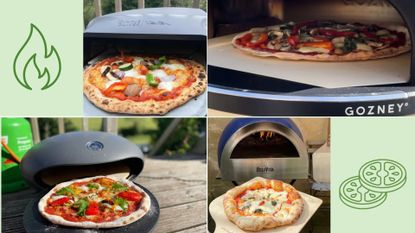 Images of the best pizza ovens cooking: the Gozney Arc, the Jamie Oliver Tefal, the Morso Forno Spin, and the Deli Vita Pizza oven