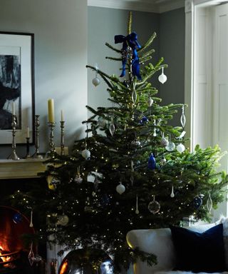 Christmas tree with blue decorations