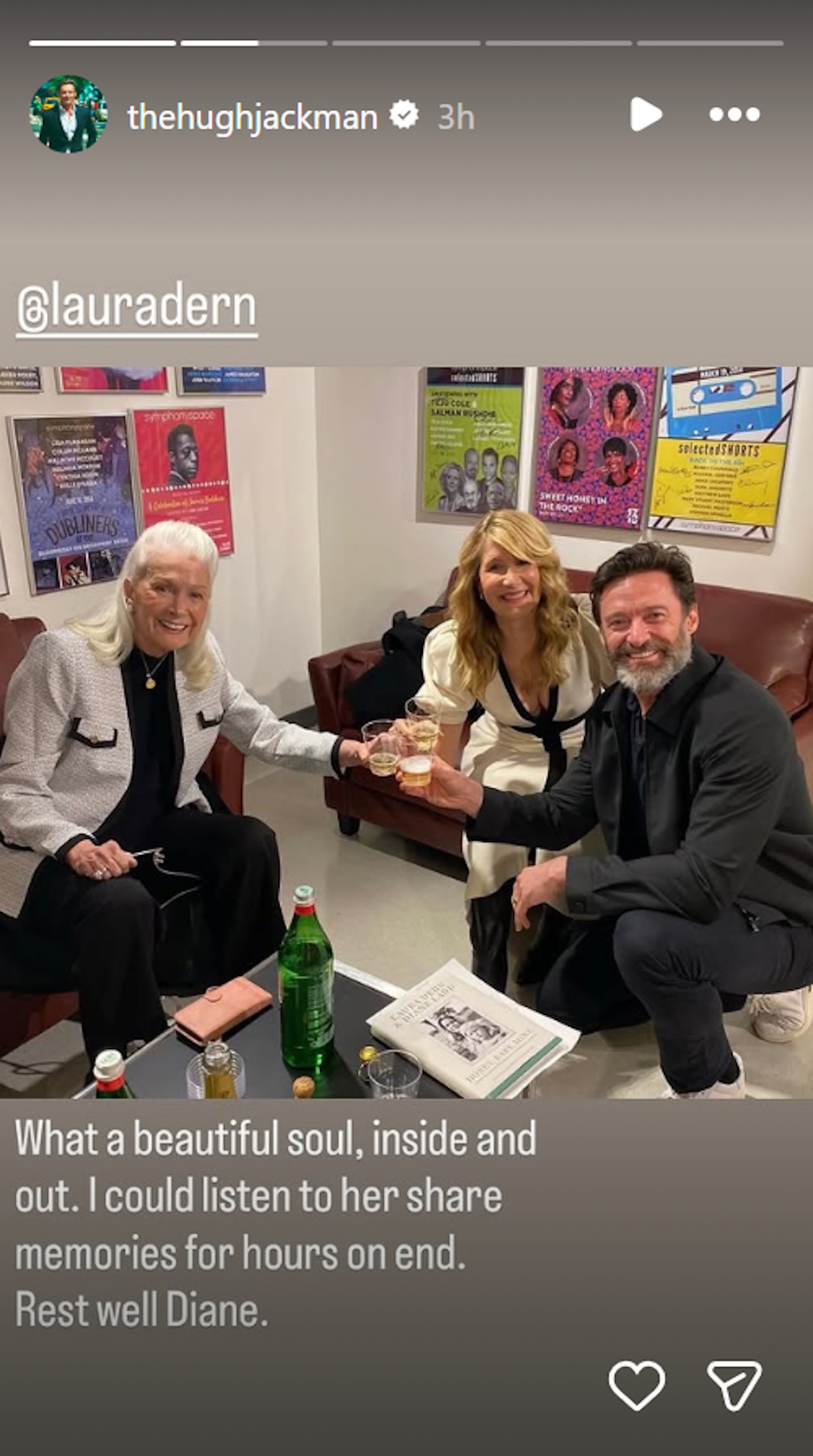 Hugh Jackman shared a throwback photo of himself with Laura Dern and Diane Ladd following Ladd&#039;s passing on November 3, 2025.