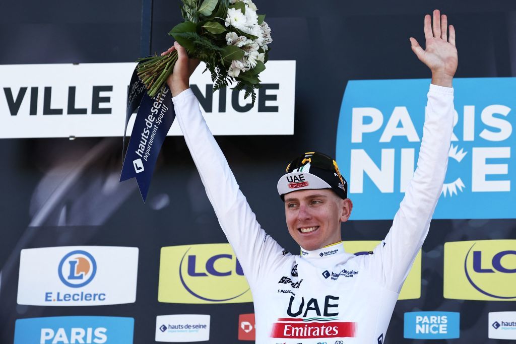 Overall winner UAE Team Emirates Slovenian rider Tadej Pogacar wearing the best young riders white jersey celebrates on the podium after winning the 8th and final stage of the 81st Paris Nice cycling race 1175 km between Nice and Nice in French riviera city of Nice southeastern France on March 12 2023 Slovenias Tadej Pogacar wins ParisNice title after winning the final stage on March 12 2023 Photo by AnneChristine POUJOULAT AFP Photo by ANNECHRISTINE POUJOULATAFP via Getty Images