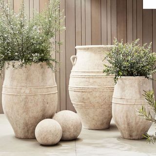 A collection of large decorative light stoneware pots with shrubbery 