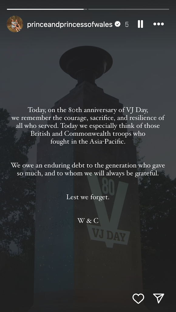 Kate Middleton and Prince William share special message on 80th anniversary of VJ Day