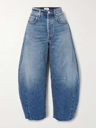 Horseshoe Frayed High-Rise Barrel-Leg Jeans