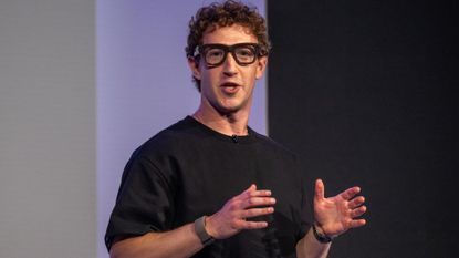 Mark Zuckerberg, chief executive officer of Meta Platforms Inc., wears a pair of Meta Ray-Ban Display AI glasses during the Meta Connect event in Menlo Park, California, US, on Wednesday, Sept. 17, 2025. Meta Platforms, seeking to turn its burgeoning smart glasses into a must-have product unveiled its first version with a built-in screen. Photographer: David Paul Morris/Bloomberg via Getty Images