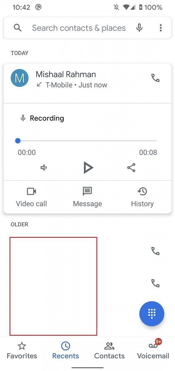Google Phone UI with recordings