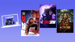 WWE 2K25 standard, the Deadman Edition, and The Bloodline Edition Cover Art against a blue gradient background.
