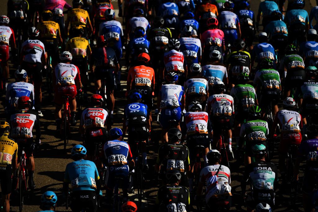 EJEADELOSCABALLEROS SPAIN OCTOBER 23 Michael Woods of Canada and Team EF Pro Cycling Jannik Steimle of Germany and Team Deceuninck QuickStep Davide Formolo of Italy and UAE Team Emirates Cameron Wurf of Australia and Team INEOS Grenadiers Francisco Jose Ventoso Alberdi of Spain and CCC Team Alexandre Geniez of France and Team AG2R La Mondiale Nans Peters of France and Team AG2R La Mondiale Koen De Kort of The Netherlands and Team Trek Segafredo Alejandro Valverde Belmonte of Spain and Movistar Team Michael Valgren Andersen of Denmark and NTT Pro Cycling Team Carlos Verona Quintanilla of Spain and Movistar Team Peloton Detail view during the 75th Tour of Spain 2020 Stage 4 a 1917km stage from Garray Numancia to Ejea de los Caballeros lavuelta LaVuelta20 La Vuelta on October 23 2020 in Ejea de los Caballeros Spain Photo by David RamosGetty Images