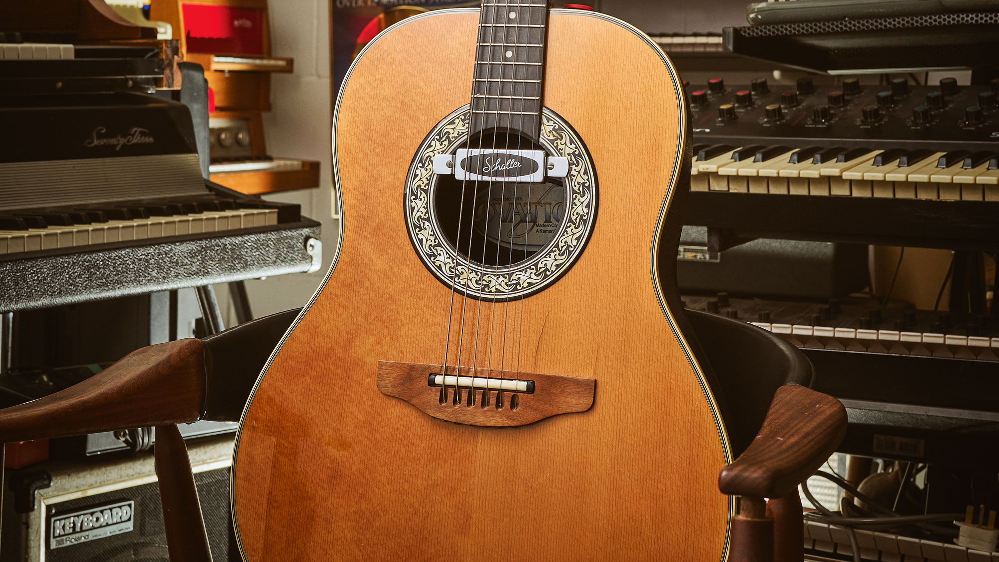 This 1977 Ovation Balladeer is something of a secret weapon, Shawn says, as the vintage Schaller soundhole pickup lends it a vintage hollowbody-style sound, to a remarkable degree