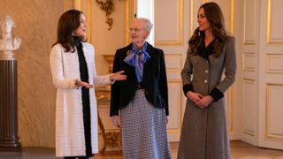 Catherine, Princess of Wales is welcomed by Queen Margrethe II and Crown Princess Mary of Denmark