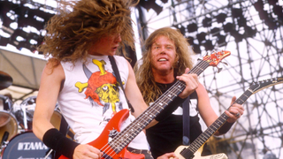 Jason Newsted and james Hetfield onstage in 1987