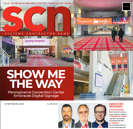 The June cover to SCN Magazine, featuring digital signage at a convention center.