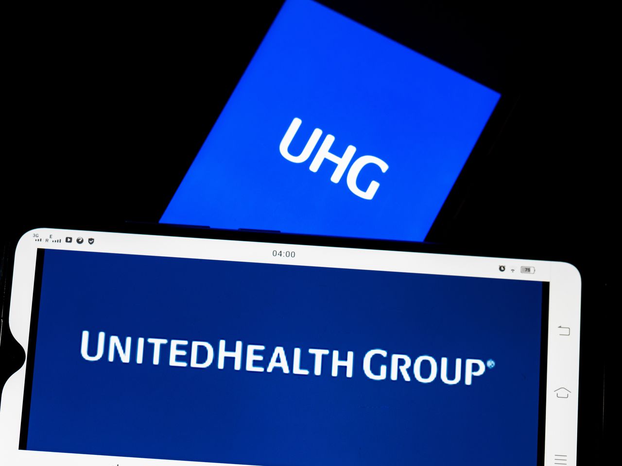 The United Health Group logo on a screen