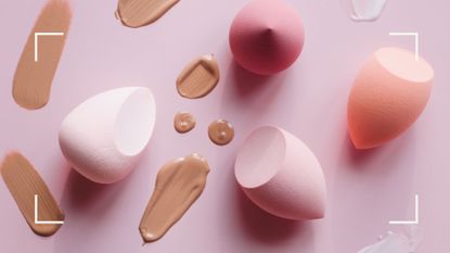 A selection of foundation sponges that can help you learn how to apply foundation and smudges on a pink backdrop